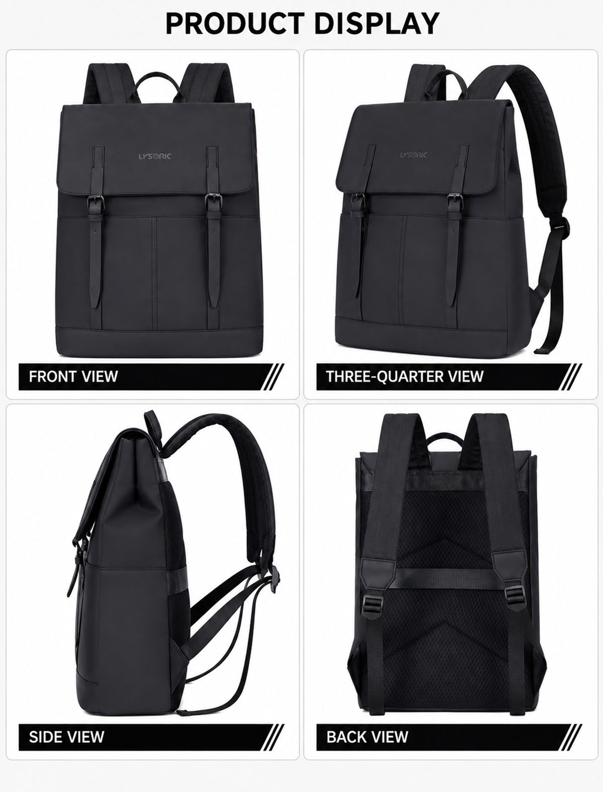 Lysoric Premium Black Backpack for Men & Women | Luxury Matte Finish | Elegant Flap Top with Dual Buckle Design | Stylish Minimalist Casual Backpack for Office, College & Everyday Use