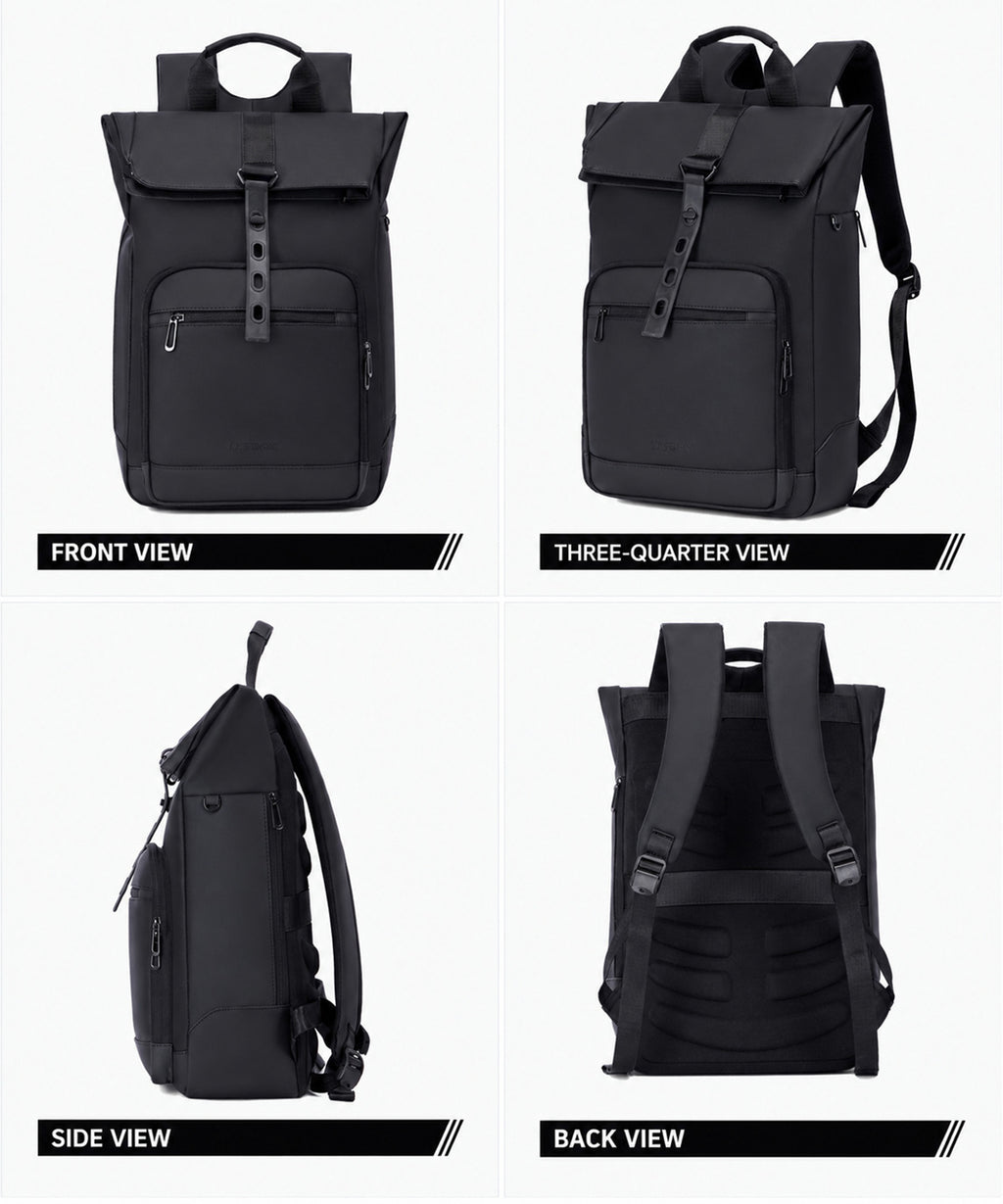 Lysoric Premium Black Roll Top Backpack for Men & Women | Stylish Flap Closure with Adjustable Strap Design | Multi-Zipper Pocket Casual Backpack | Modern Urban Bag for Office, College, Travel & Daily Use