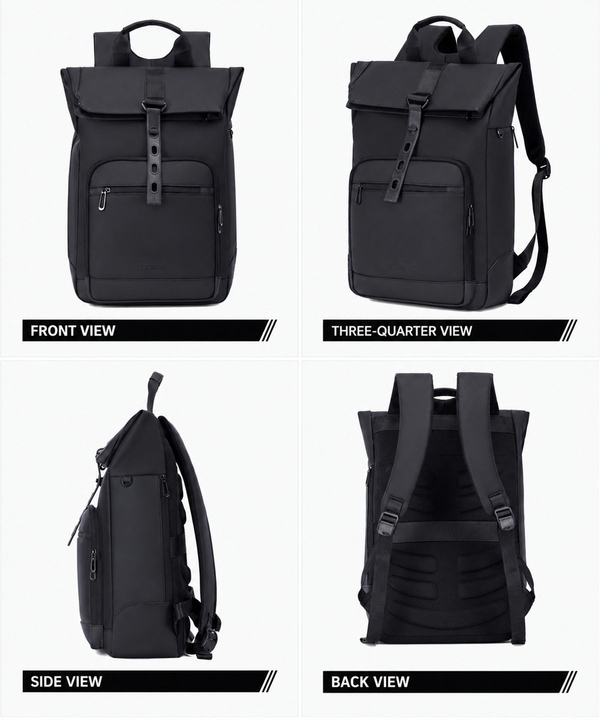 Lysoric Premium Black Roll Top Backpack for Men & Women | Stylish Flap Closure with Adjustable Strap Design | Multi-Zipper Pocket Casual Backpack | Modern Urban Bag for Office, College, Travel & Daily Use