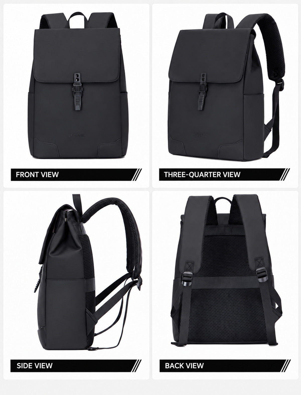 Lysoric Premium Black Backpack for Men & Women | Stylish Matte Finish Flap Top Bag with Modern Buckle Lock Design | Elegant Minimalist Casual Backpack for Office, College, Travel & Daily Use