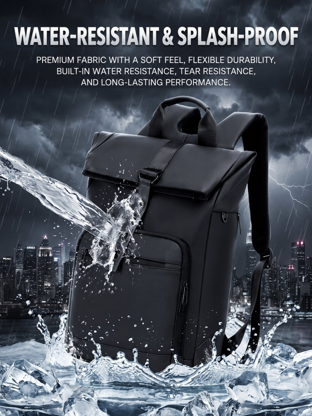 Lysoric Premium Black Roll Top Backpack for Men & Women | Stylish Flap Closure with Adjustable Strap Design | Multi-Zipper Pocket Casual Backpack | Modern Urban Bag for Office, College, Travel & Daily Use