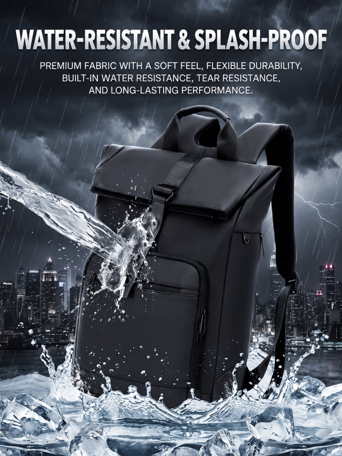 Lysoric Premium Black Roll Top Backpack for Men & Women | Stylish Flap Closure with Adjustable Strap Design | Multi-Zipper Pocket Casual Backpack | Modern Urban Bag for Office, College, Travel & Daily Use