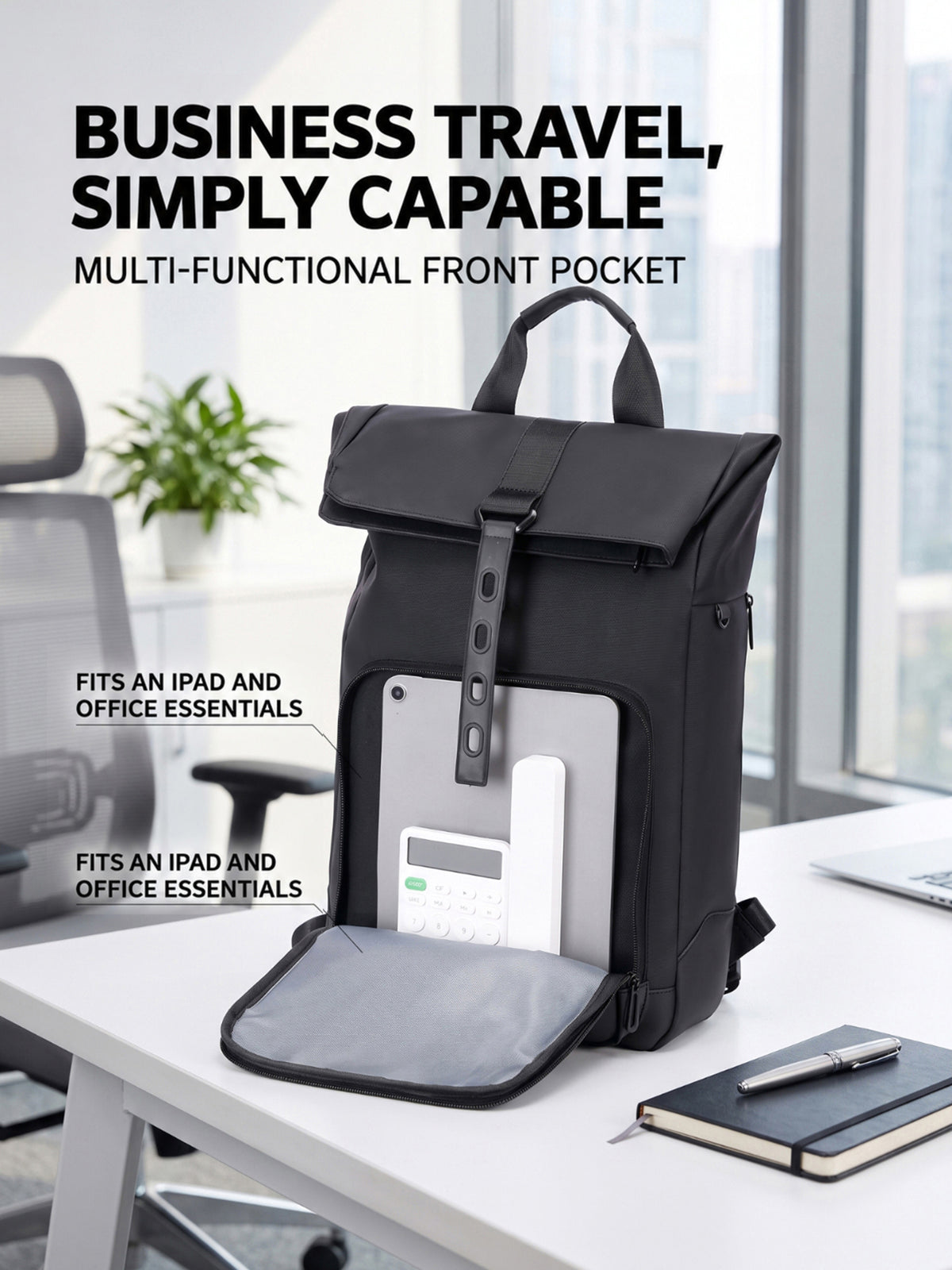 Lysoric Premium Black Roll Top Backpack for Men & Women | Stylish Flap Closure with Adjustable Strap Design | Multi-Zipper Pocket Casual Backpack | Modern Urban Bag for Office, College, Travel & Daily Use